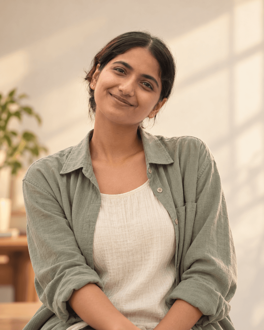  Editorial portrait of Namrata Dahal in a sage overshirt