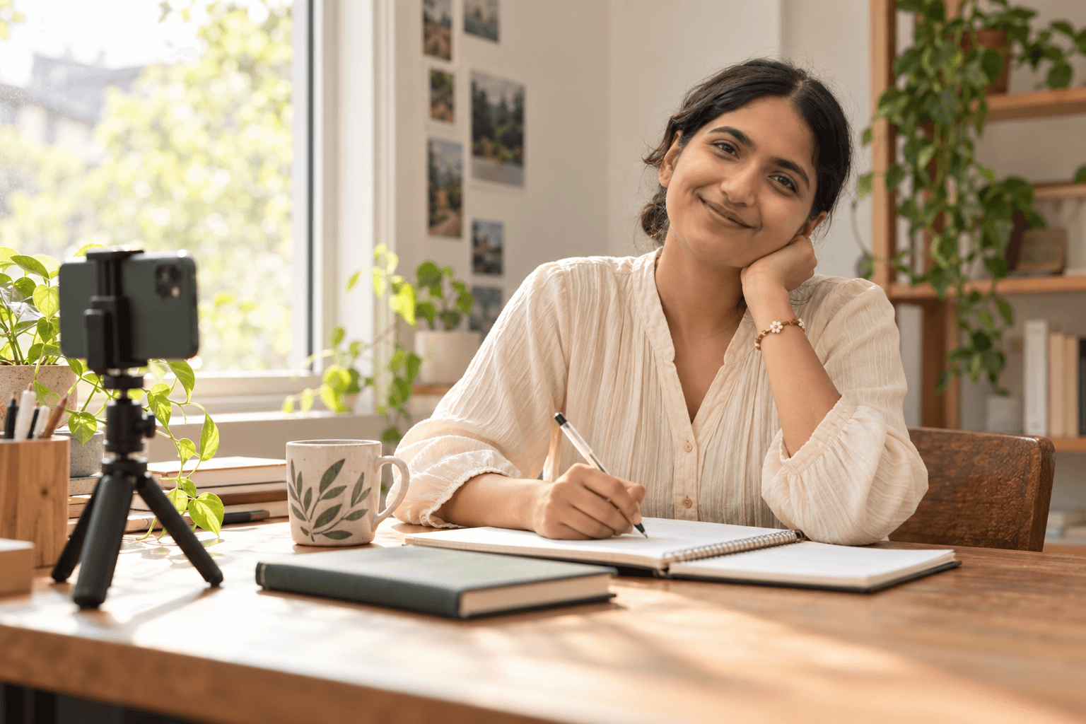 Namrata writing notes beside a phone on a tripod